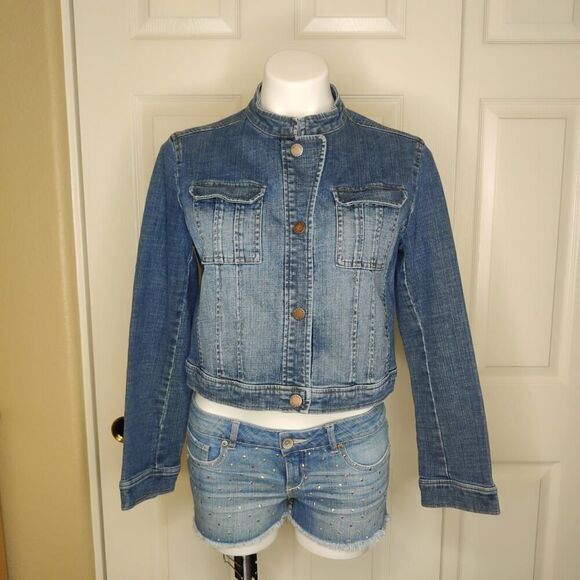 MICHAEL Michael Kors crop stand-up collar denim jacket sz 12P - Picture 2 of 8